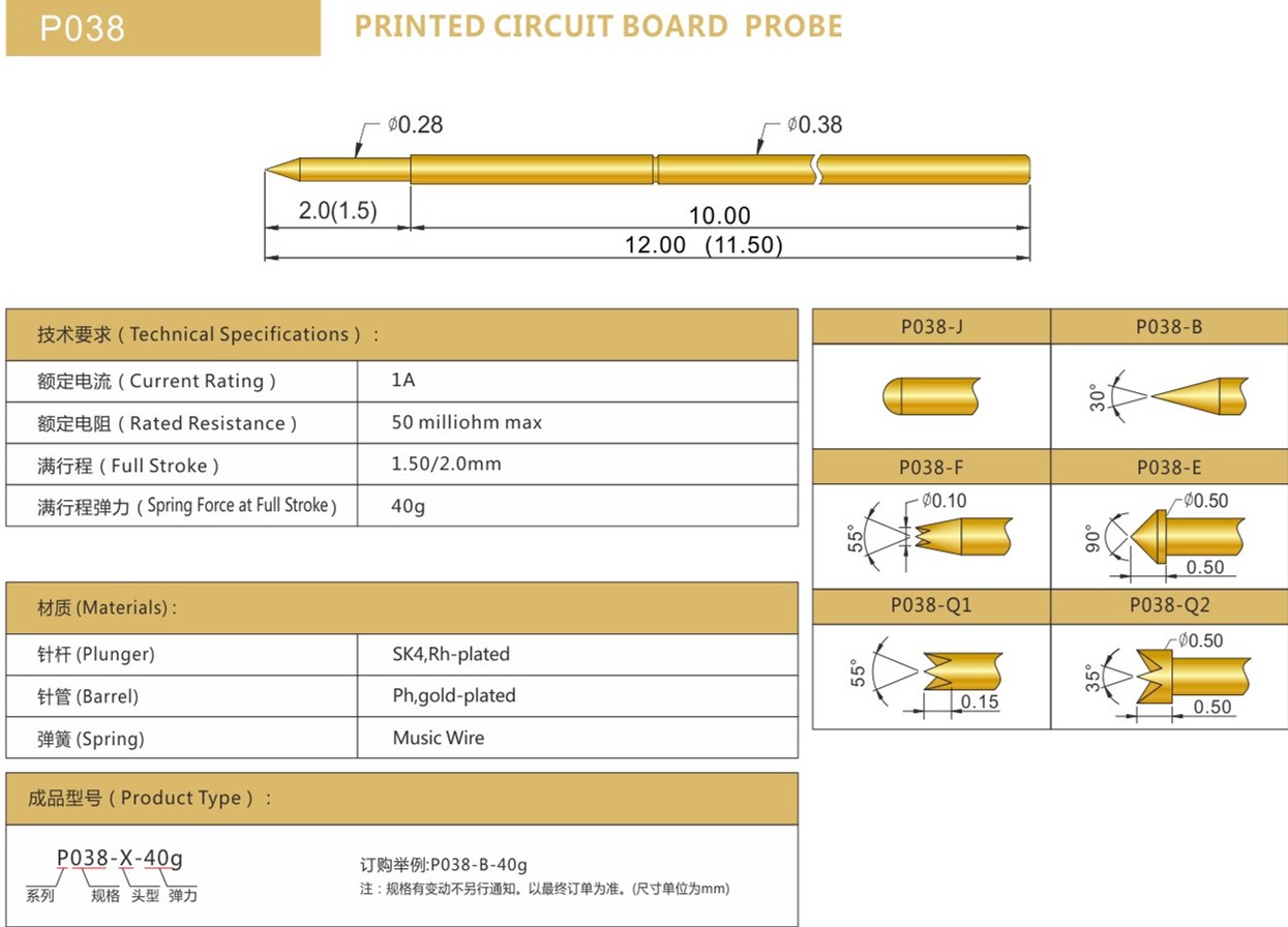 PA038測(cè)試探針總參數(shù)，華榮華探針廠家