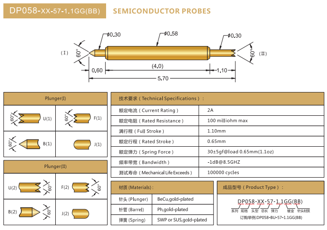 0.58mm雙頭探針，BGA探針，華榮華BGA雙頭測試針